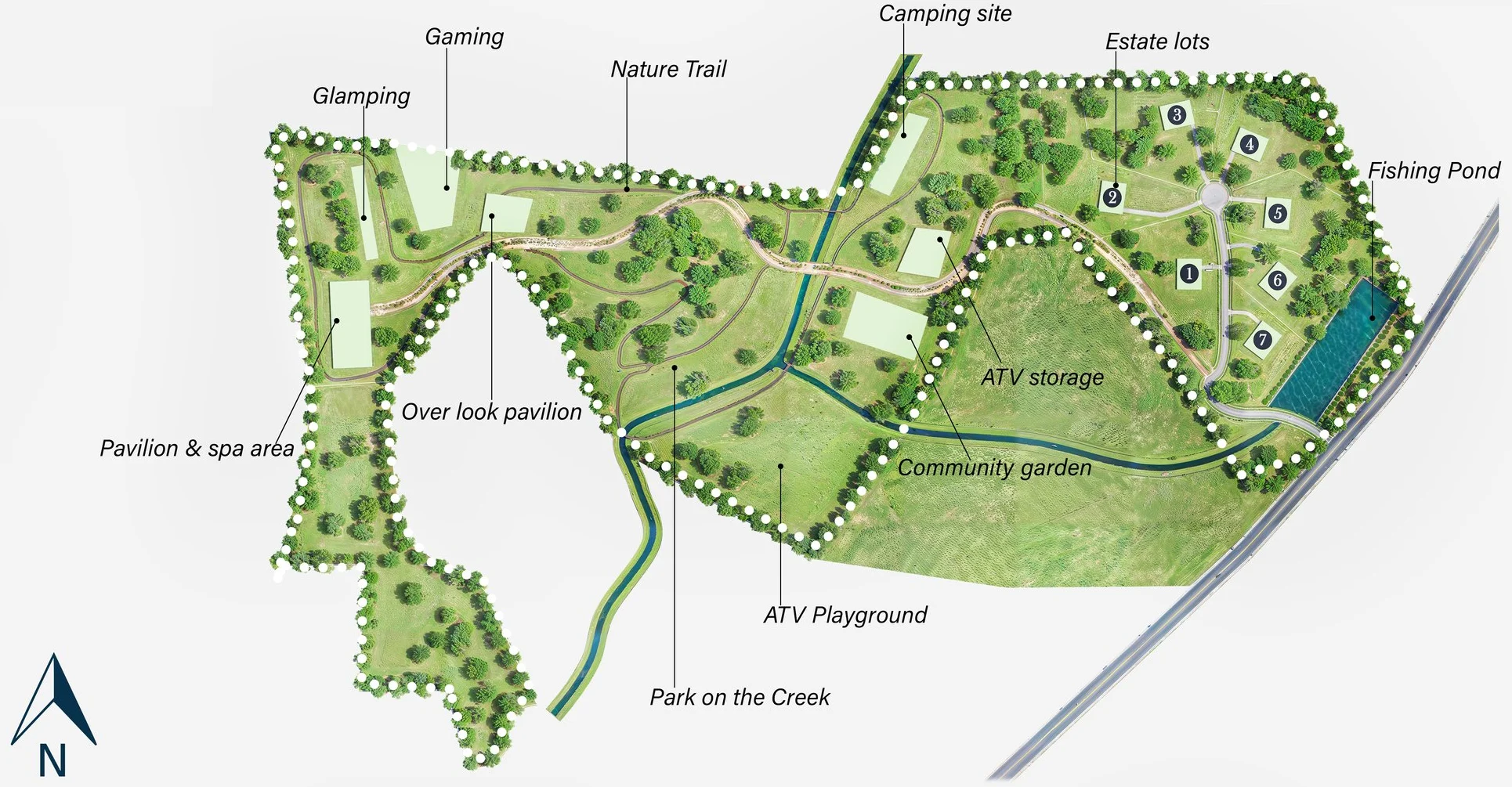 Site plan of Marble Ridge: seven estate homesites on a cul-de-sac by the fishing pond, with the creek, nature trail, camping, pavilion and spa area, and the rest of the shared land